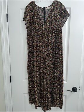 NATURAL LIFE Black Floral Jumpsuit with Pink & Yellow Accents